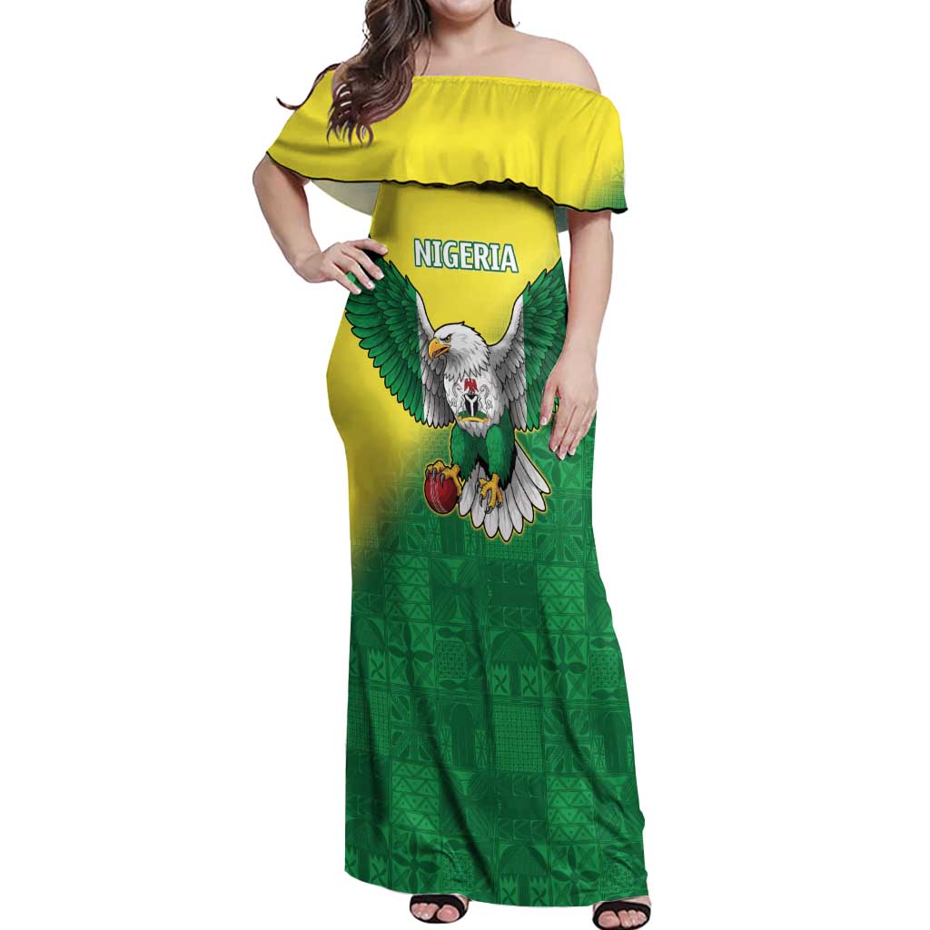 Nigeria Cricket Custom Off Shoulder Maxi Dress Najeriya Angry Eagle Flag Motif - Wonder Print Shop