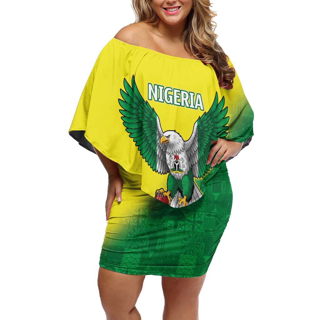 Nigeria Cricket Custom Off Shoulder Short Dress Najeriya Angry Eagle Flag Motif - Wonder Print Shop