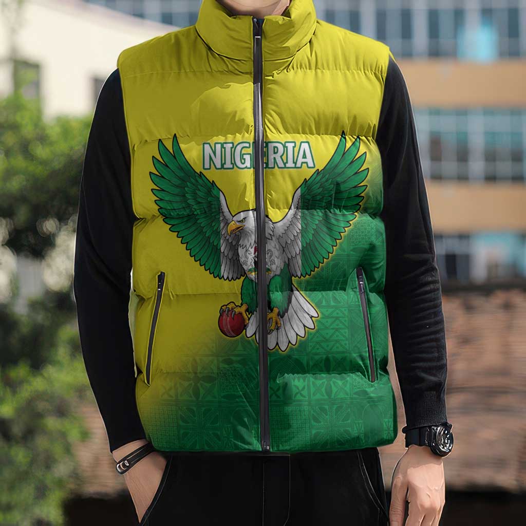 Nigeria Cricket Custom Sleeveless Puffer Jacket Najeriya Angry Eagle Flag Motif - Wonder Print Shop