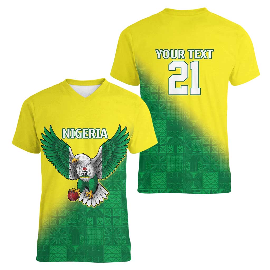 Nigeria Cricket Custom Women V-Neck T-Shirt Najeriya Angry Eagle Flag Motif - Wonder Print Shop