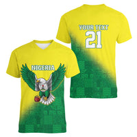 Nigeria Cricket Custom Women V-Neck T-Shirt Najeriya Angry Eagle Flag Motif - Wonder Print Shop