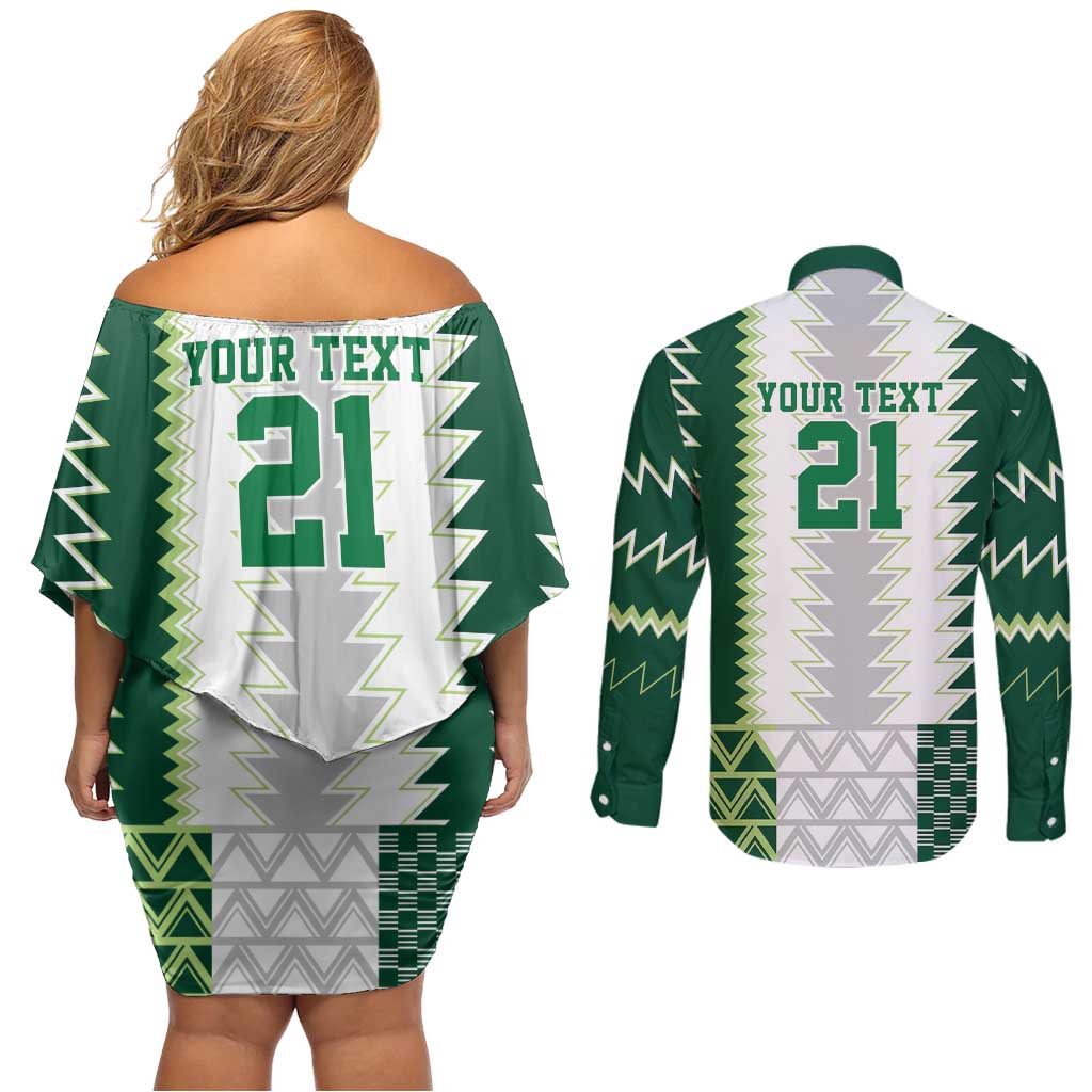 Nigeria Football Custom Couples Matching Off Shoulder Short Dress and Long Sleeve Button Shirt Classic 20-21 Home Jersey - Wonder Print Shop
