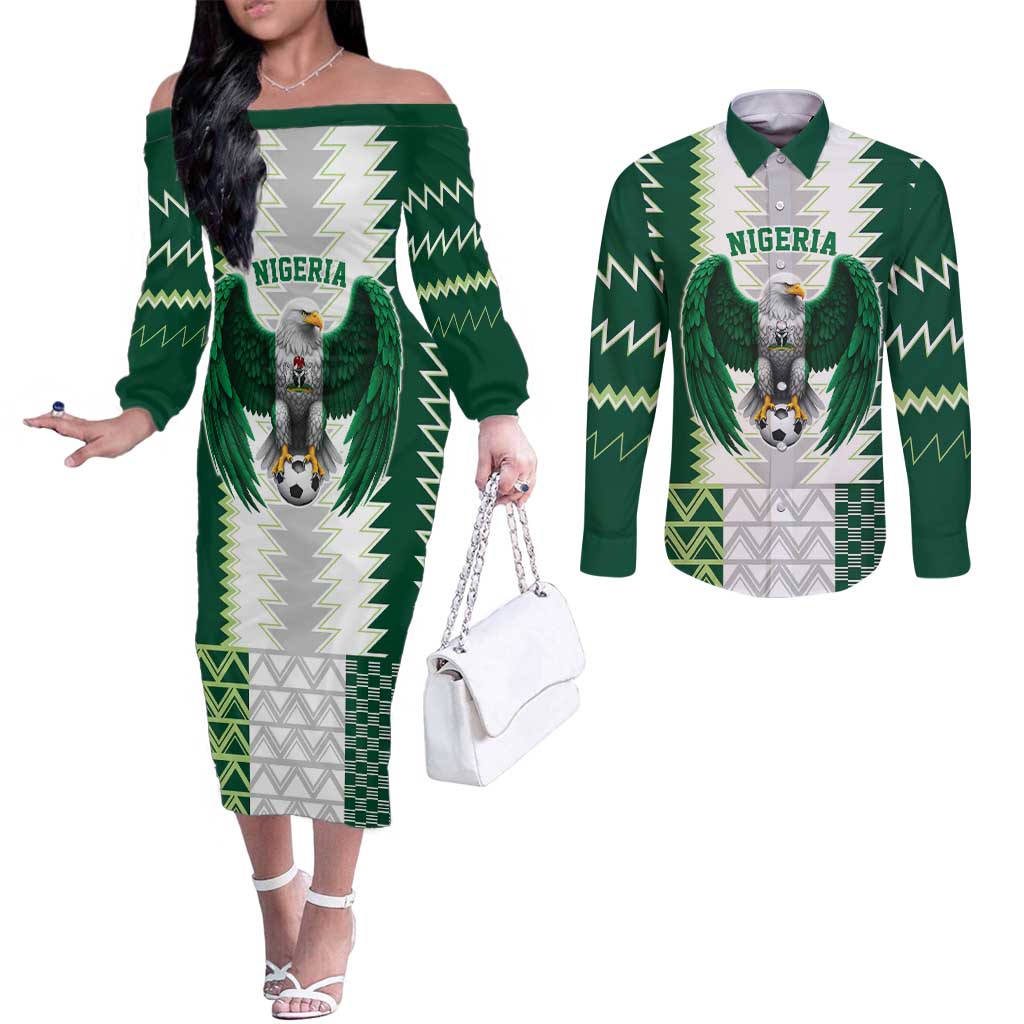 Nigeria Football Custom Couples Matching Off The Shoulder Long Sleeve Dress and Long Sleeve Button Shirt Classic 20-21 Home Jersey - Wonder Print Shop