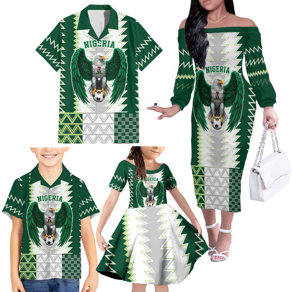 Nigeria Football Custom Family Matching Off The Shoulder Long Sleeve Dress and Hawaiian Shirt Classic 20-21 Home Jersey - Wonder Print Shop