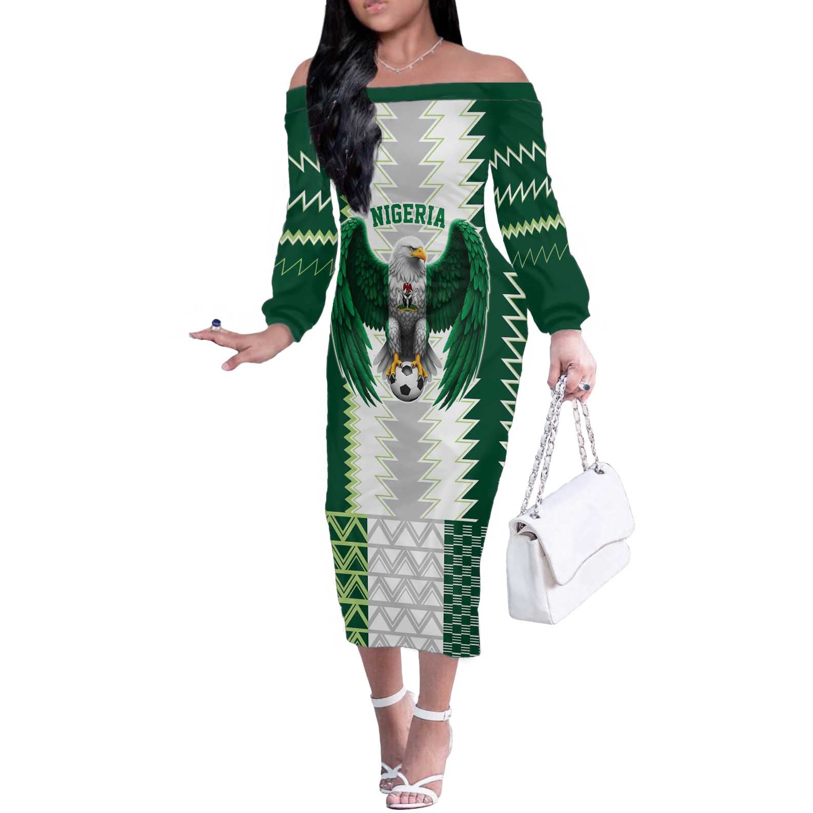Nigeria Football Custom Off The Shoulder Long Sleeve Dress Classic 20-21 Home Jersey - Wonder Print Shop