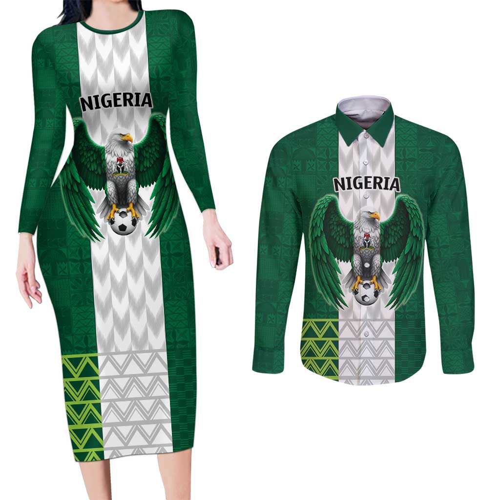 Nigeria Football Custom Couples Matching Long Sleeve Bodycon Dress and Long Sleeve Button Shirt Retro Nigeria 20-21 Eagle Flag Motif - Wonder Print Shop