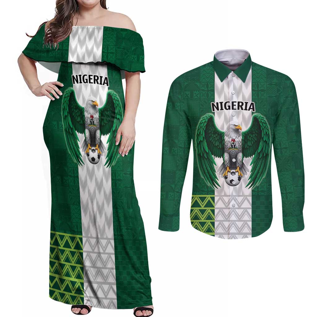 Nigeria Football Custom Couples Matching Off Shoulder Maxi Dress and Long Sleeve Button Shirt Retro Nigeria 20-21 Eagle Flag Motif - Wonder Print Shop
