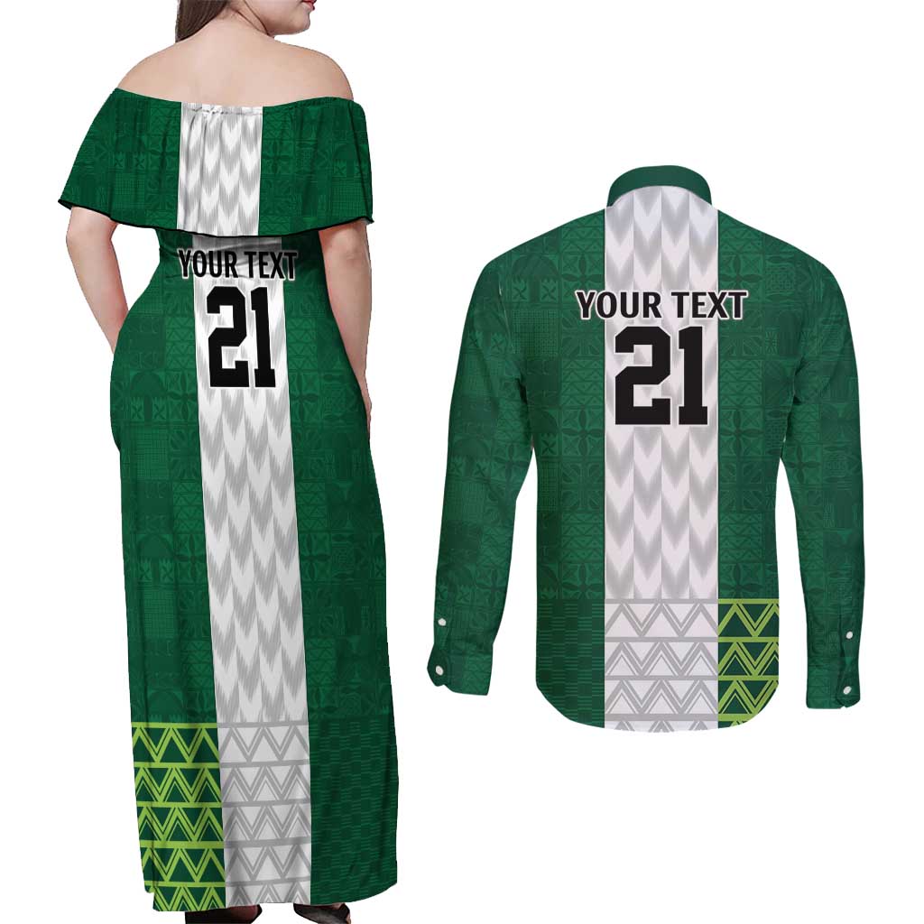 Nigeria Football Custom Couples Matching Off Shoulder Maxi Dress and Long Sleeve Button Shirt Retro Nigeria 20-21 Eagle Flag Motif - Wonder Print Shop
