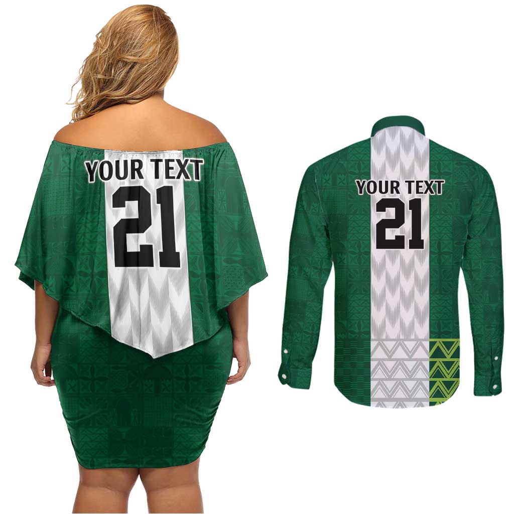 Nigeria Football Custom Couples Matching Off Shoulder Short Dress and Long Sleeve Button Shirt Retro Nigeria 20-21 Eagle Flag Motif - Wonder Print Shop