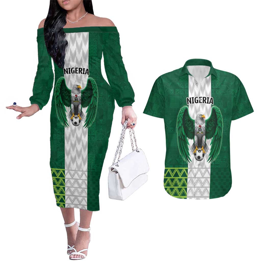 Nigeria Football Custom Couples Matching Off The Shoulder Long Sleeve Dress and Hawaiian Shirt Retro Nigeria 20-21 Eagle Flag Motif - Wonder Print Shop