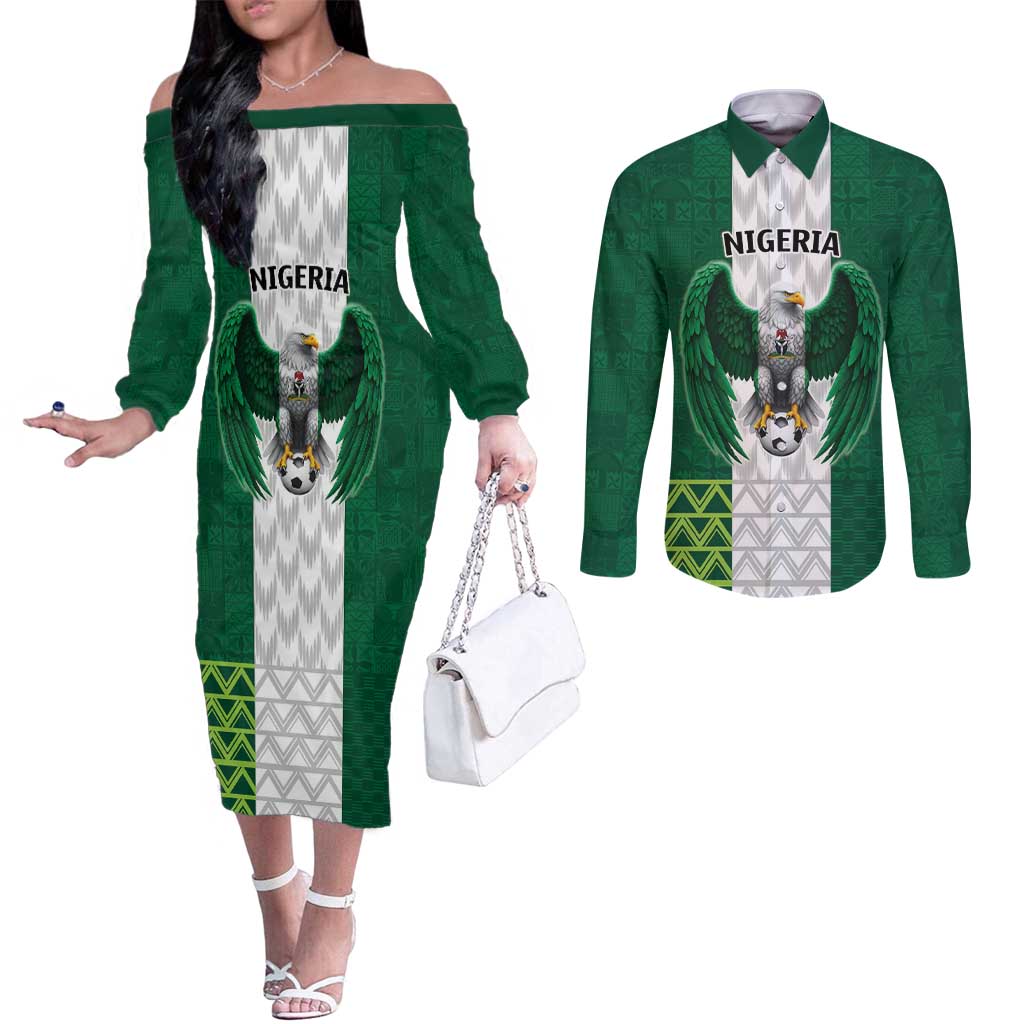 Nigeria Football Custom Couples Matching Off The Shoulder Long Sleeve Dress and Long Sleeve Button Shirt Retro Nigeria 20-21 Eagle Flag Motif - Wonder Print Shop