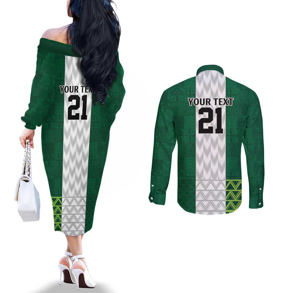 Nigeria Football Custom Couples Matching Off The Shoulder Long Sleeve Dress and Long Sleeve Button Shirt Retro Nigeria 20-21 Eagle Flag Motif - Wonder Print Shop