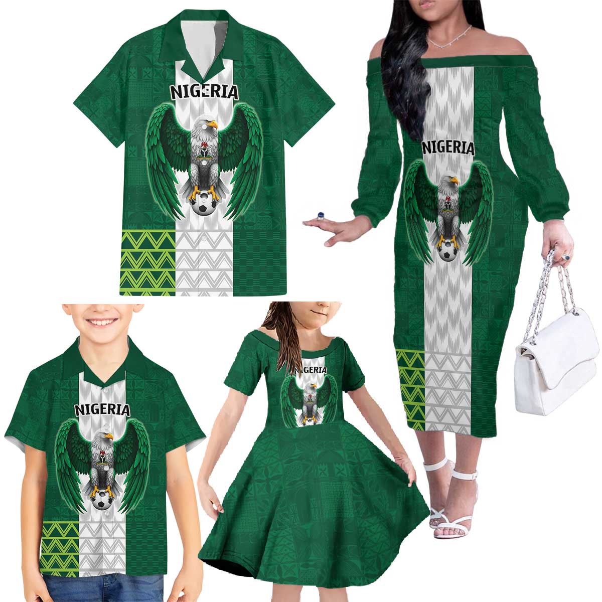 Nigeria Football Custom Family Matching Off The Shoulder Long Sleeve Dress and Hawaiian Shirt Retro Nigeria 20-21 Eagle Flag Motif - Wonder Print Shop
