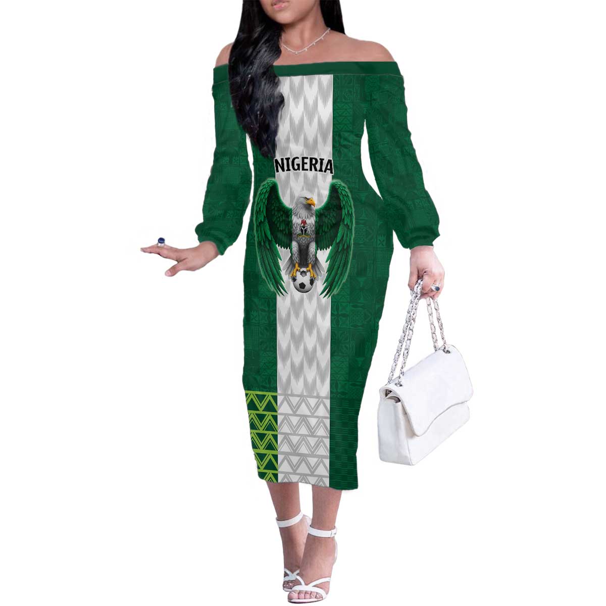Nigeria Football Custom Family Matching Off The Shoulder Long Sleeve Dress and Hawaiian Shirt Retro Nigeria 20-21 Eagle Flag Motif - Wonder Print Shop