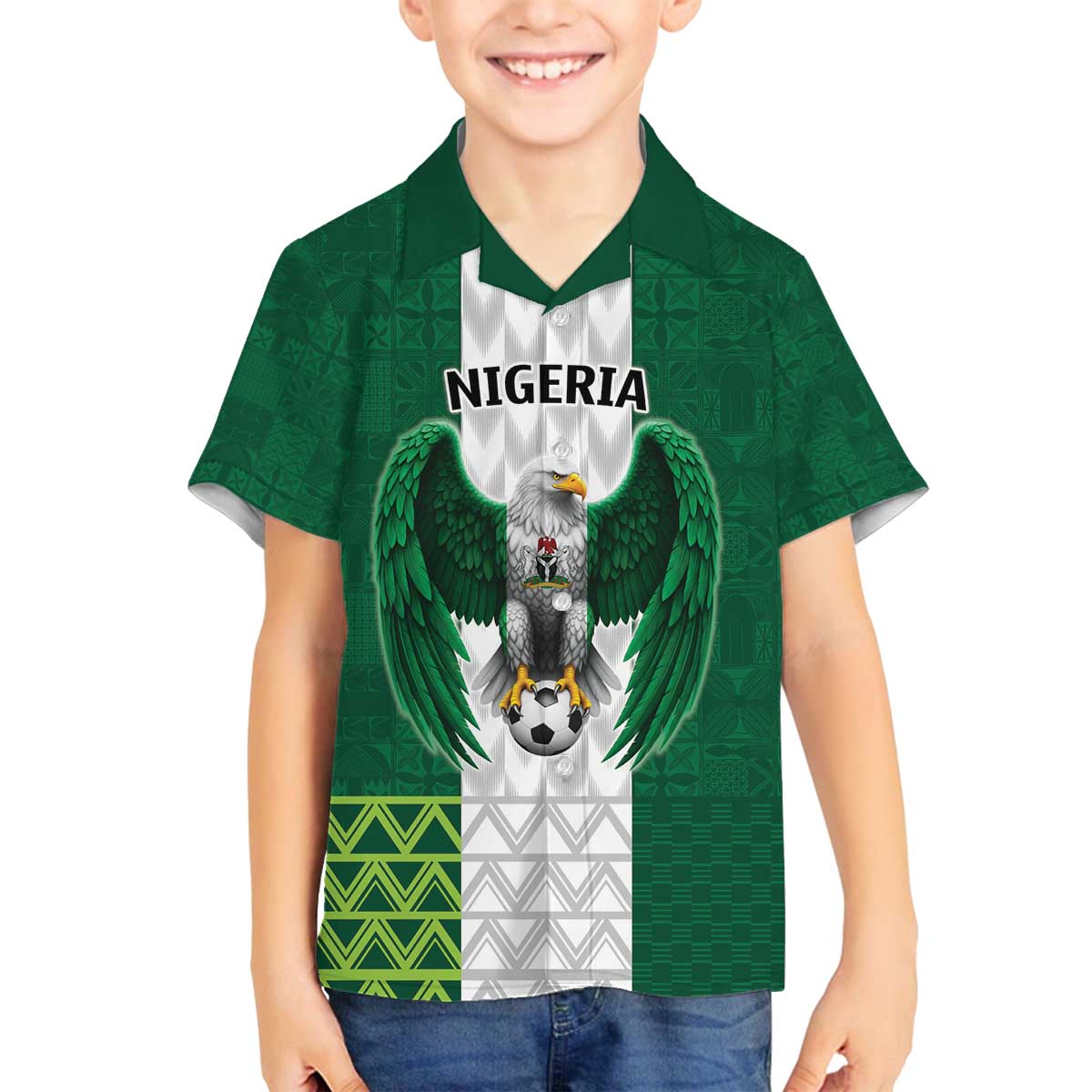 Nigeria Football Custom Family Matching Off The Shoulder Long Sleeve Dress and Hawaiian Shirt Retro Nigeria 20-21 Eagle Flag Motif - Wonder Print Shop