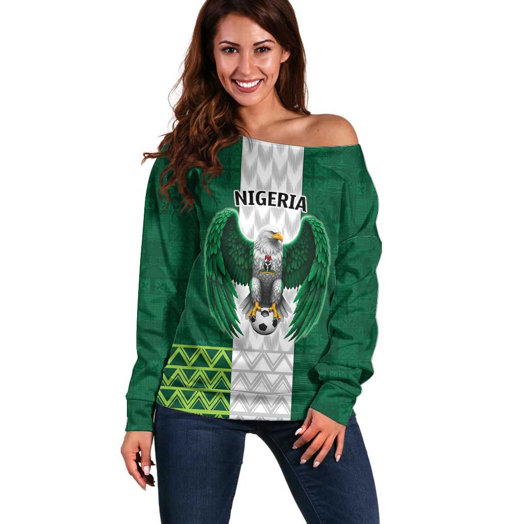 Nigeria Football Custom Off Shoulder Sweater Retro Nigeria 20-21 Eagle Flag Motif - Wonder Print Shop