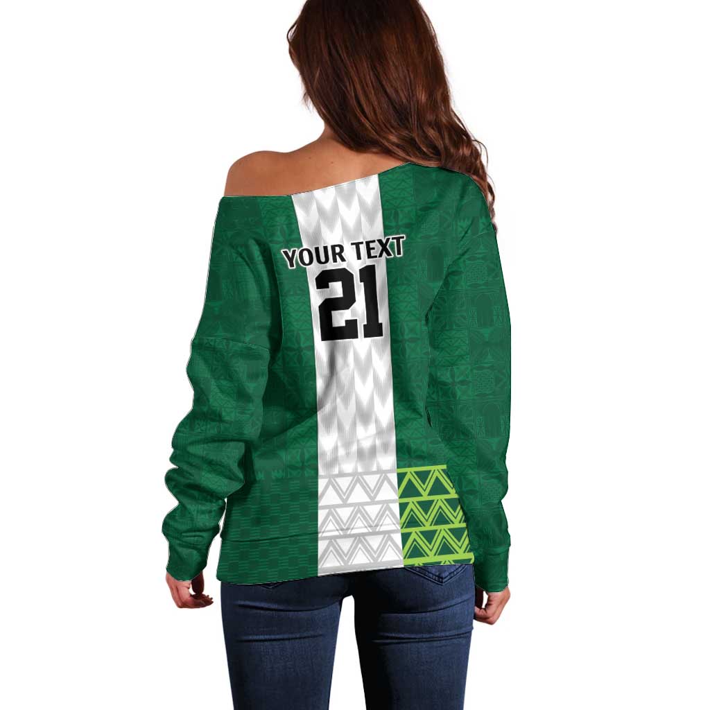 Nigeria Football Custom Off Shoulder Sweater Retro Nigeria 20-21 Eagle Flag Motif - Wonder Print Shop