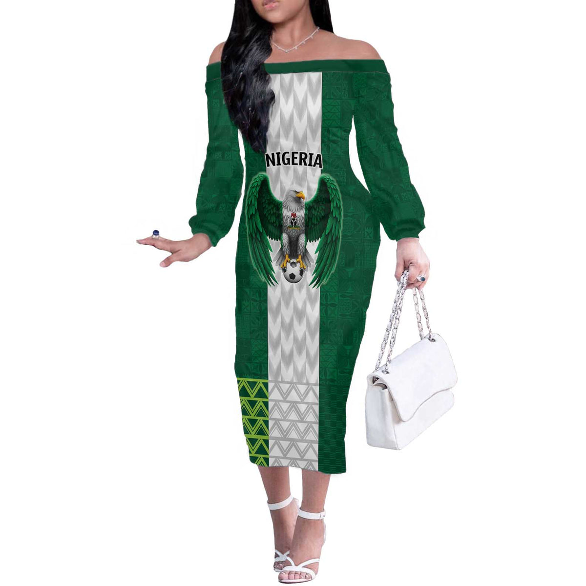 Nigeria Football Custom Off The Shoulder Long Sleeve Dress Retro Nigeria 20-21 Eagle Flag Motif - Wonder Print Shop
