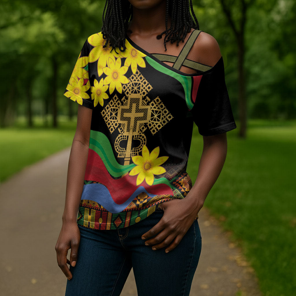 Eritrea Meskel Cross Shoulder Shirt Eritrean Tribal Meskel Daisy Flag Inspired