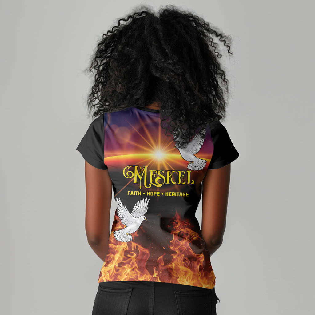 Eritrea Meskel Women V-Neck T-Shirt Demera Cross Flames of Faith