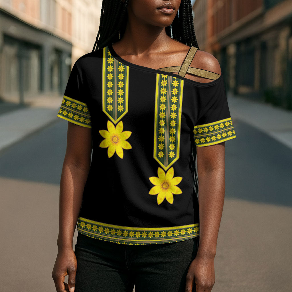 Ethiopian Enkutatash Cross Shoulder Shirt Black Adey Flower Tilet Habesha Inspired