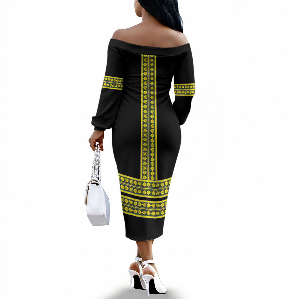 Ethiopian Enkutatash Off The Shoulder Long Sleeve Dress Black Adey Flower Tilet Habesha Inspired