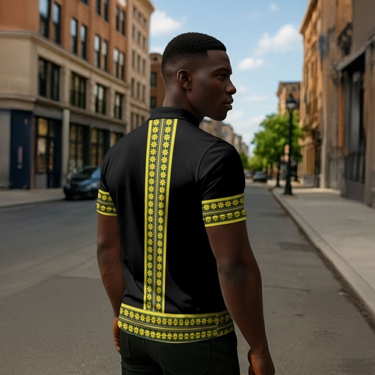 Ethiopian Enkutatash Zipper Polo Shirt Black Adey Flower Tilet Habesha Inspired
