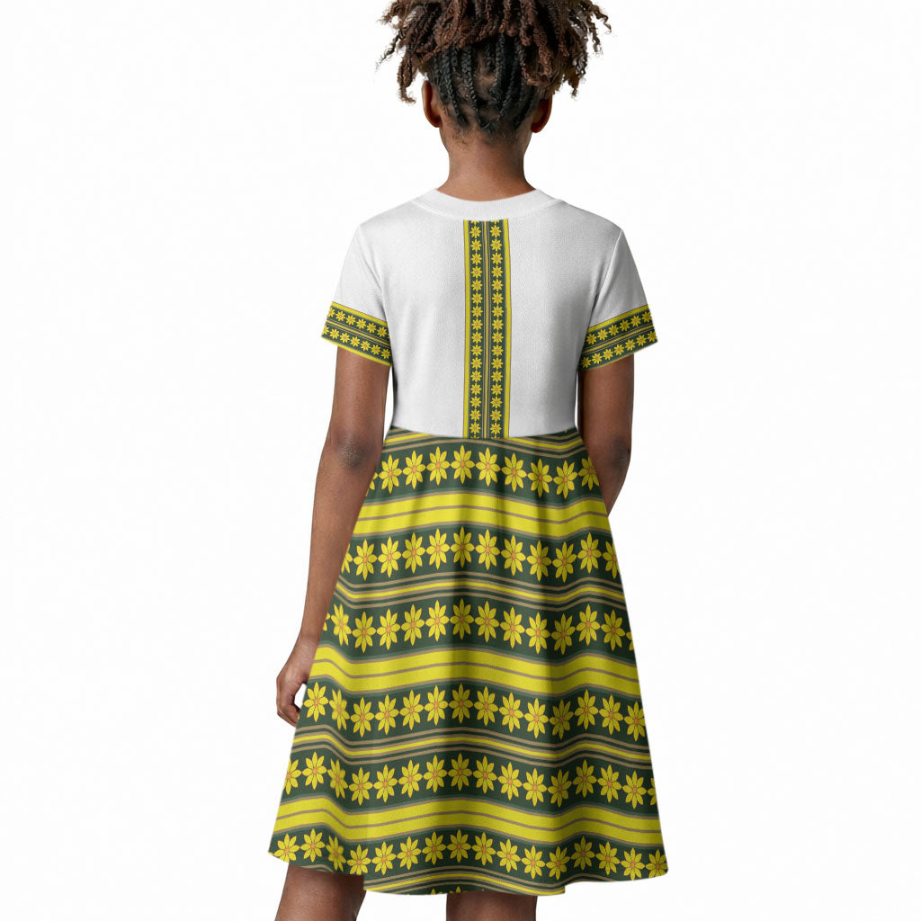 Ethiopian Enkutatash Kid Short Sleeve Dress White Adey Flower Tilet Habesha Inspired