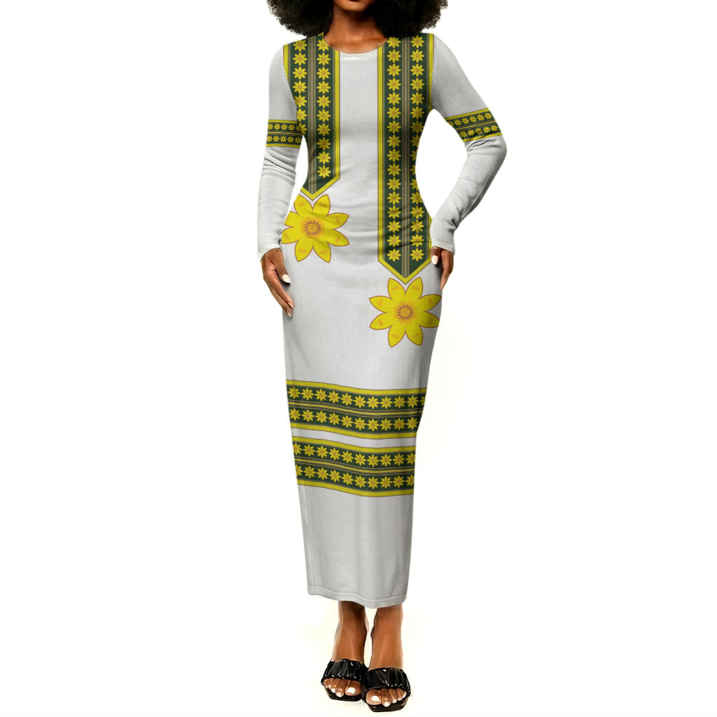 Ethiopian Enkutatash Long Sleeve Bodycon Dress White Adey Flower Tilet Habesha Inspired