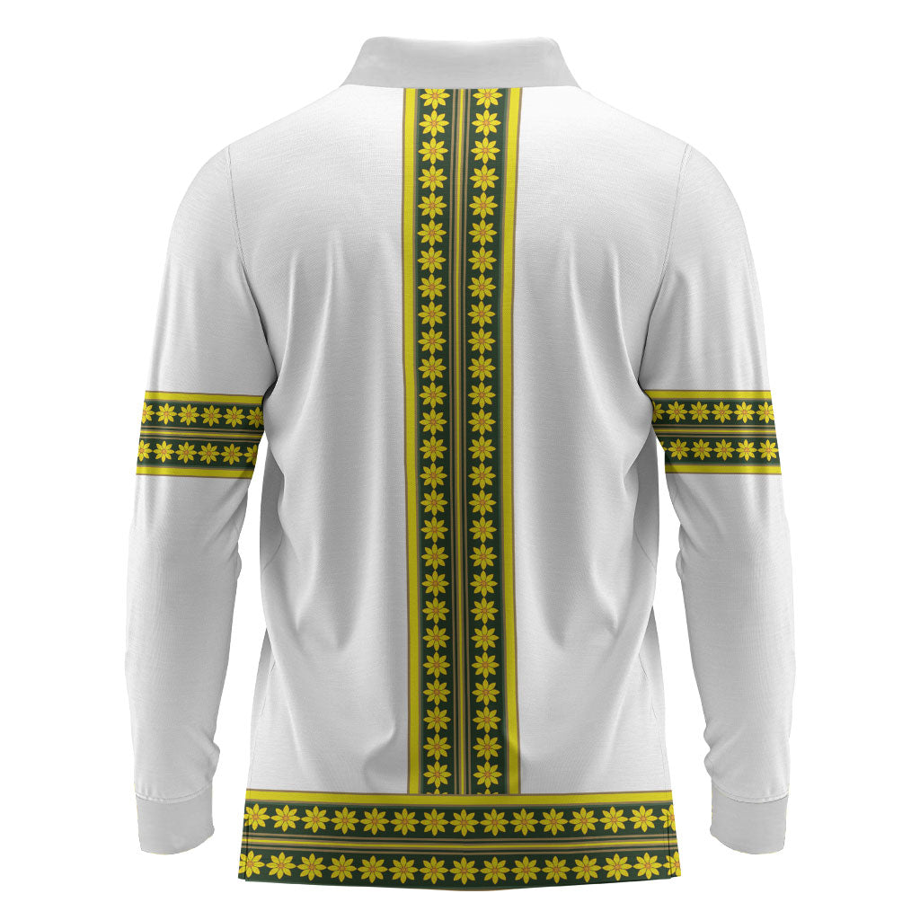 Ethiopian Enkutatash Long Sleeve Polo Shirt White Adey Flower Tilet Habesha Inspired
