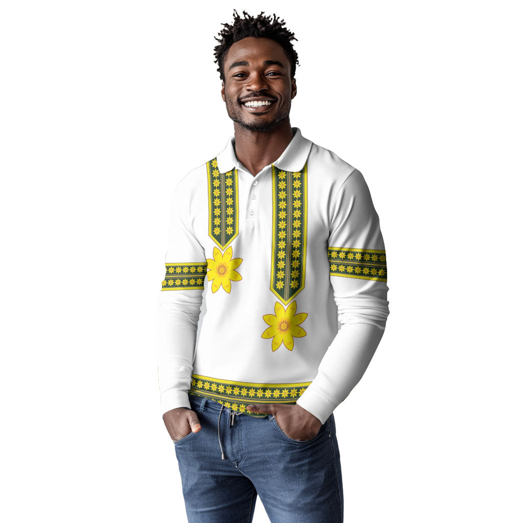 Ethiopian Enkutatash Long Sleeve Polo Shirt White Adey Flower Tilet Habesha Inspired