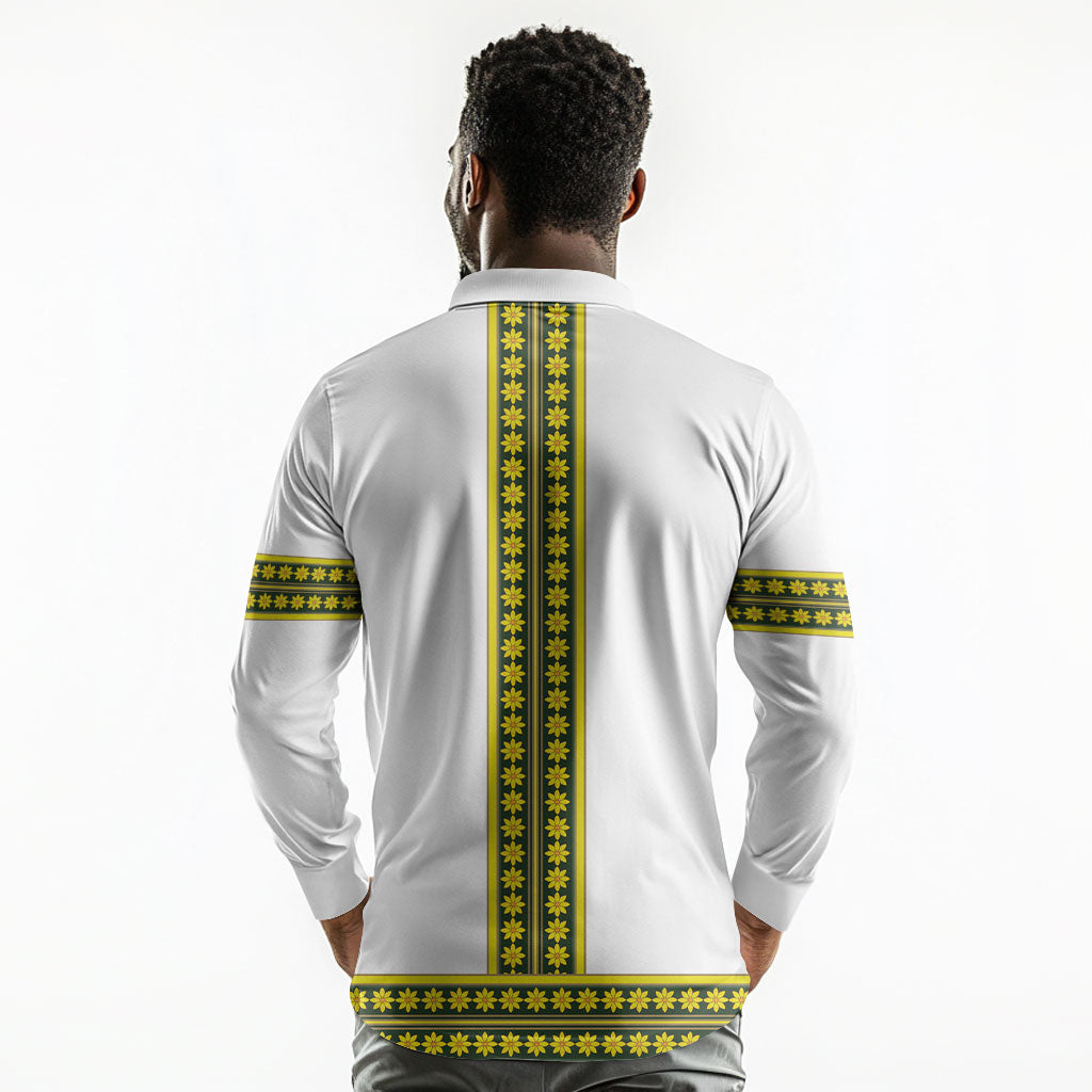 Ethiopian Enkutatash Long Sleeve Polo Shirt White Adey Flower Tilet Habesha Inspired