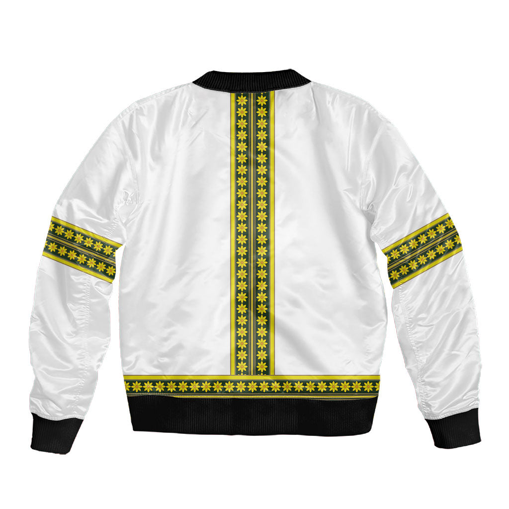 Ethiopian Enkutatash Sleeve Zip Bomber Jacket White Adey Flower Tilet Habesha Inspired