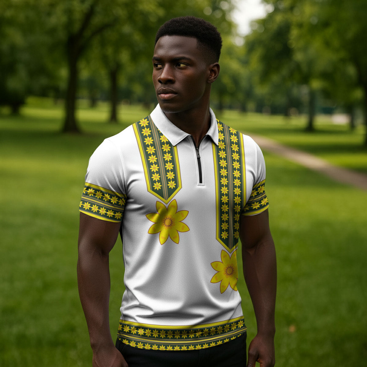 Ethiopian Enkutatash Zipper Polo Shirt White Adey Flower Tilet Habesha Inspired