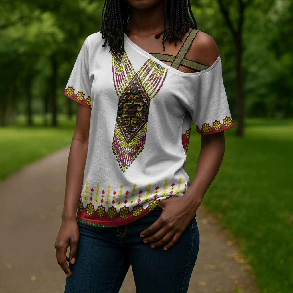Ethiopian Enkutatash Personalized Cross Shoulder Shirt Traditional Habesha Glass D'va Necklace Inspired
