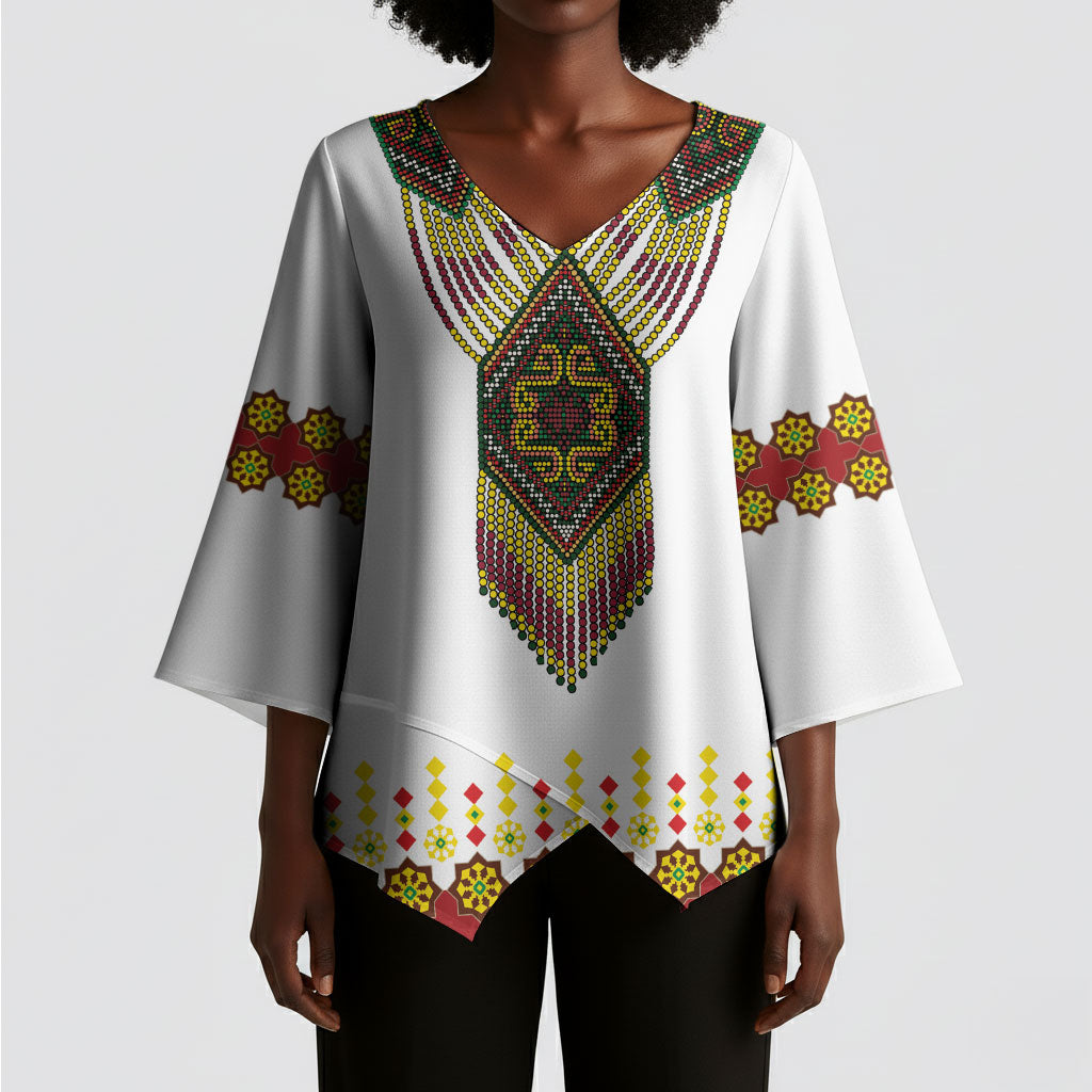 Ethiopian Enkutatash Personalized Kimono Sleeve Blouse Traditional Habesha Glass D'va Necklace Inspired