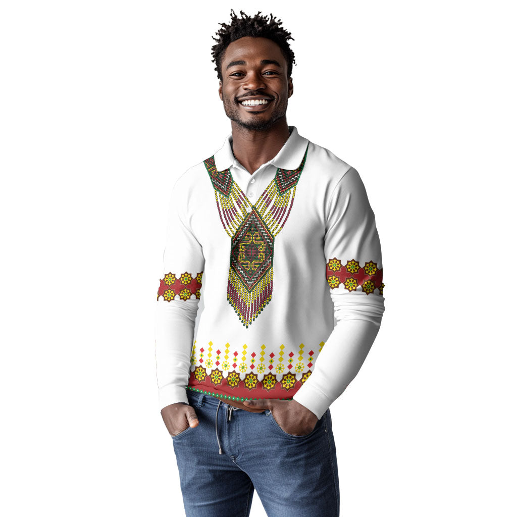 Ethiopian Enkutatash Personalized Long Sleeve Polo Shirt Traditional Habesha Glass D'va Necklace Inspired