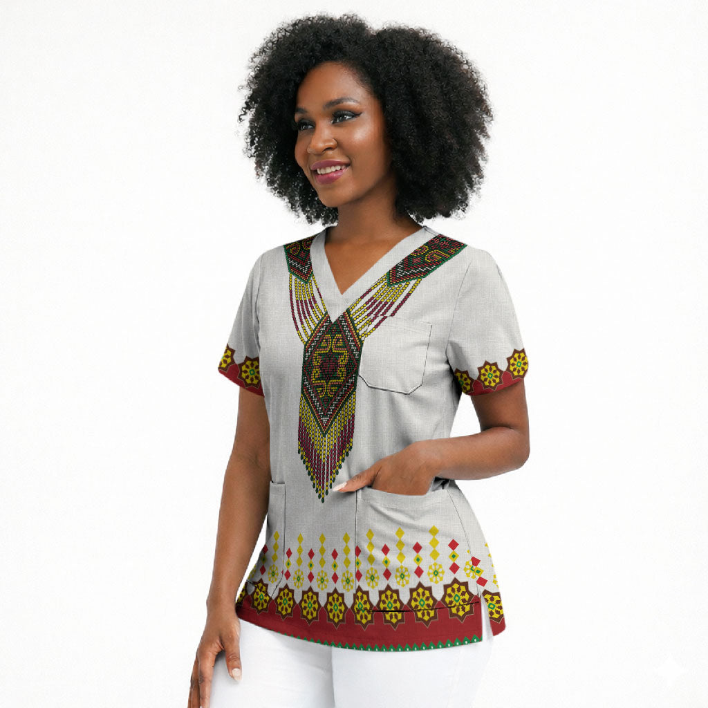 Ethiopian Enkutatash Personalized Scrub Top Traditional Habesha Glass D'va Necklace Inspired
