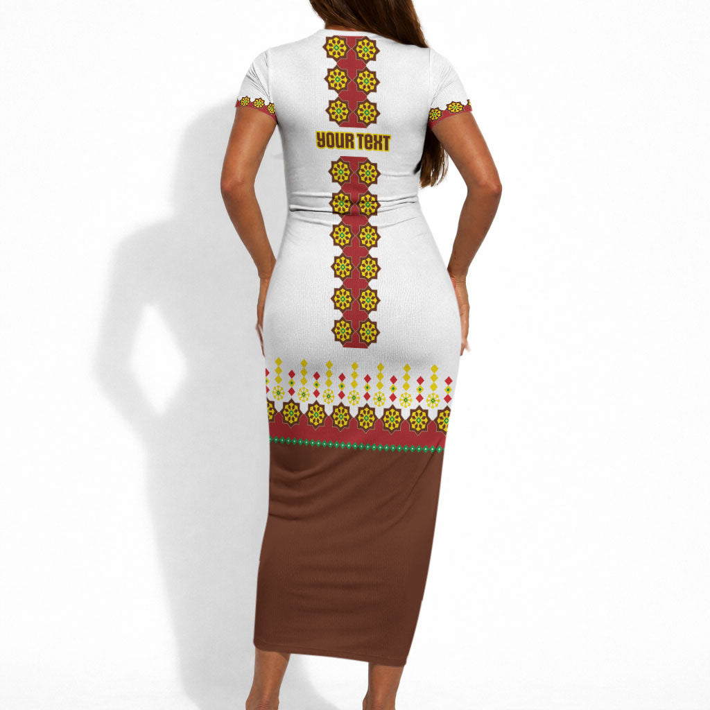 Ethiopian Enkutatash Personalized Short Sleeve Bodycon Dress Traditional Habesha Glass D'va Necklace Inspired