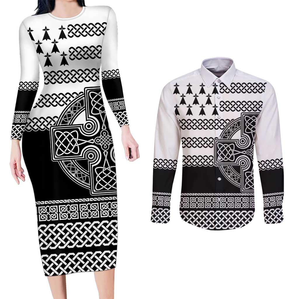 Brittany Celtic Knot Couples Matching Long Sleeve Bodycon Dress and Long Sleeve Button Shirt Celtic Nation Heritage Pride - Wonder Print Shop
