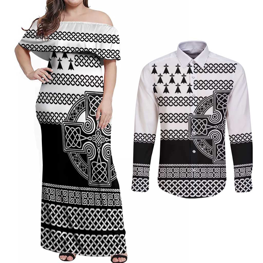 Brittany Celtic Knot Couples Matching Off Shoulder Maxi Dress and Long Sleeve Button Shirt Celtic Nation Heritage Pride - Wonder Print Shop