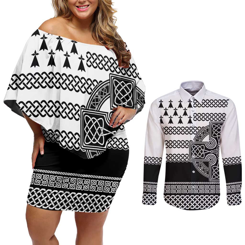 Brittany Celtic Knot Couples Matching Off Shoulder Short Dress and Long Sleeve Button Shirt Celtic Nation Heritage Pride - Wonder Print Shop