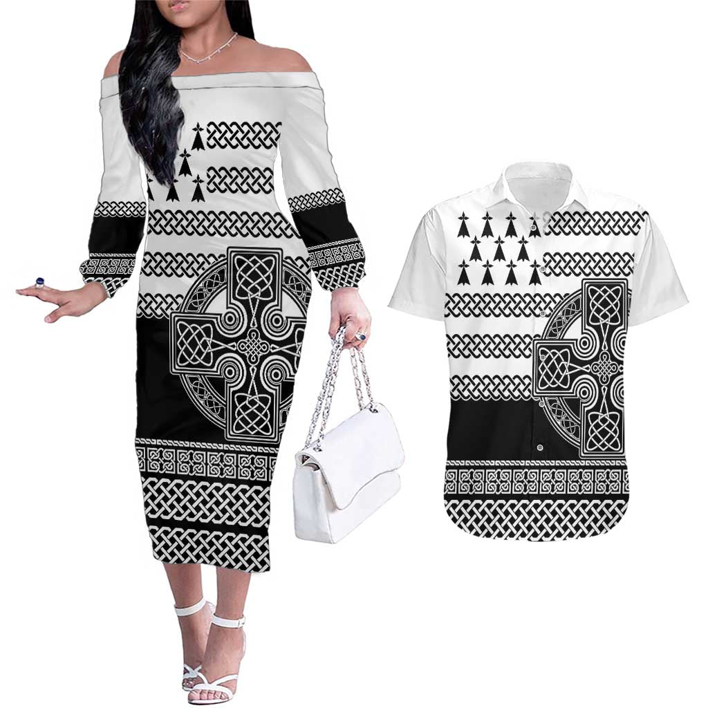 Brittany Celtic Knot Couples Matching Off The Shoulder Long Sleeve Dress and Hawaiian Shirt Celtic Nation Heritage Pride - Wonder Print Shop