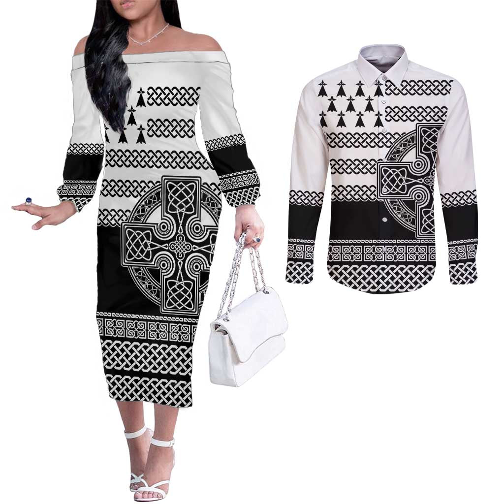 Brittany Celtic Knot Couples Matching Off The Shoulder Long Sleeve Dress and Long Sleeve Button Shirt Celtic Nation Heritage Pride - Wonder Print Shop