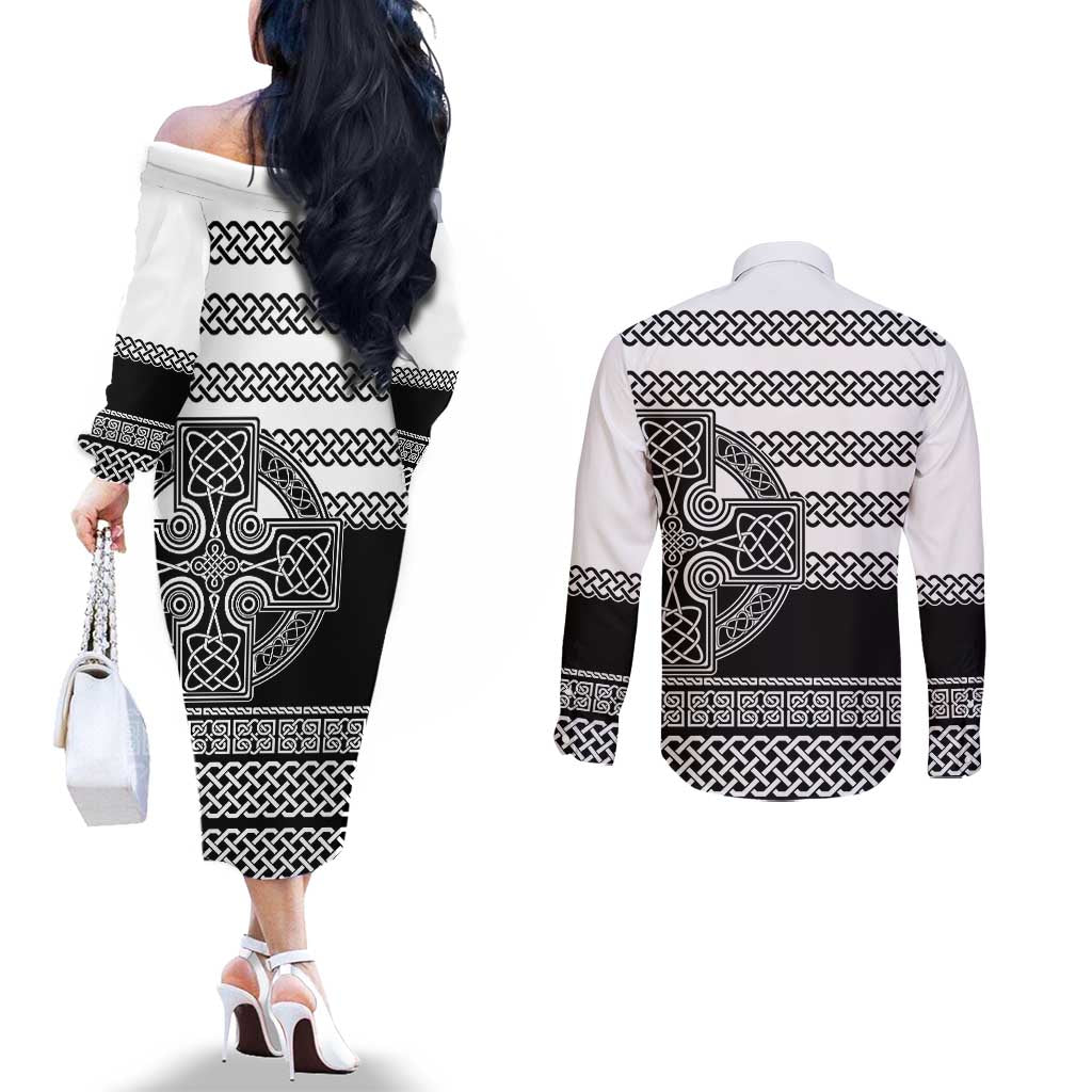 Brittany Celtic Knot Couples Matching Off The Shoulder Long Sleeve Dress and Long Sleeve Button Shirt Celtic Nation Heritage Pride - Wonder Print Shop