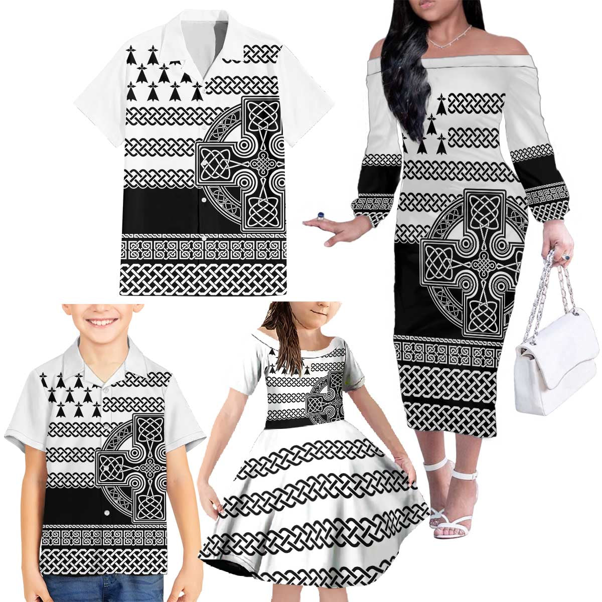 Brittany Celtic Knot Family Matching Off The Shoulder Long Sleeve Dress and Hawaiian Shirt Celtic Nation Heritage Pride - Wonder Print Shop