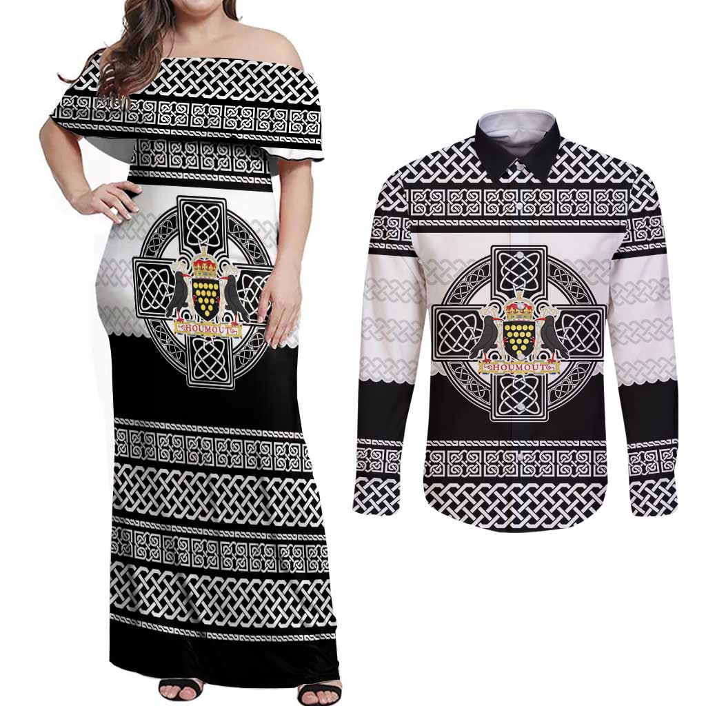 Cornwall Celtic Knot Couples Matching Off Shoulder Maxi Dress and Long Sleeve Button Shirt Celtic Nation Heritage Pride - Wonder Print Shop