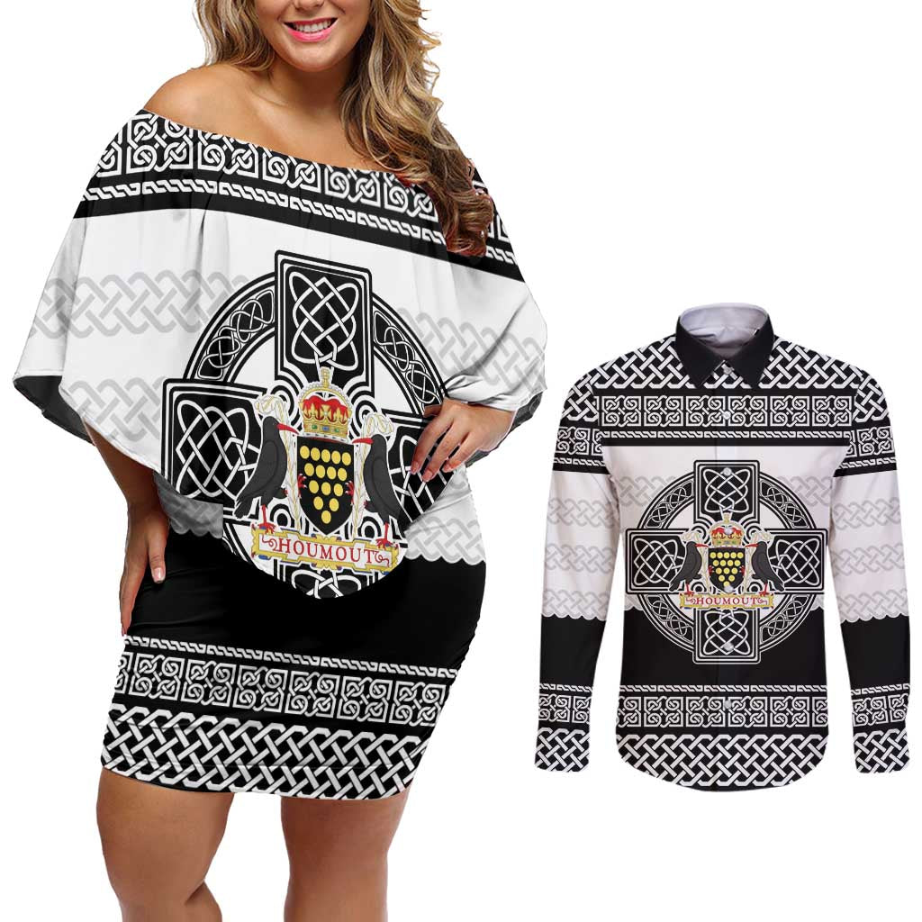Cornwall Celtic Knot Couples Matching Off Shoulder Short Dress and Long Sleeve Button Shirt Celtic Nation Heritage Pride - Wonder Print Shop