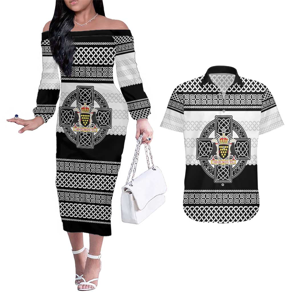 Cornwall Celtic Knot Couples Matching Off The Shoulder Long Sleeve Dress and Hawaiian Shirt Celtic Nation Heritage Pride - Wonder Print Shop