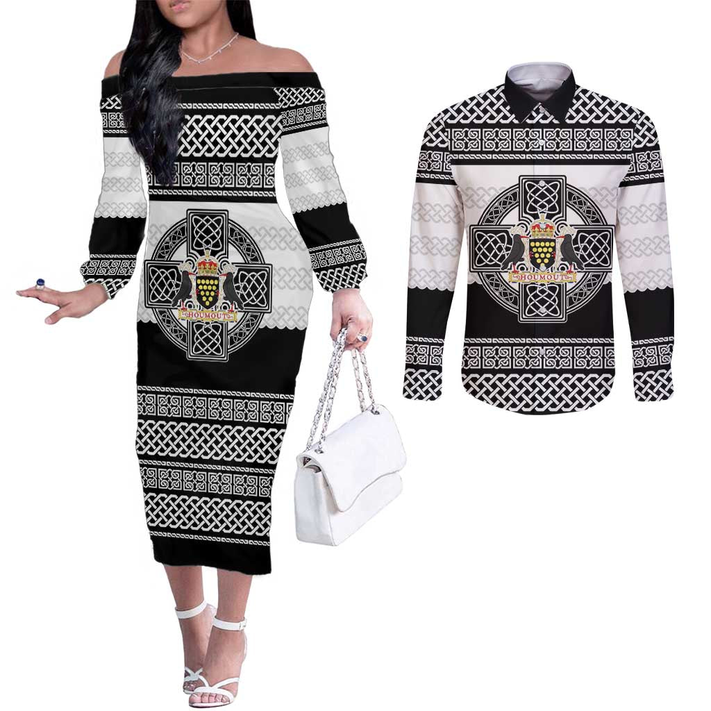 Cornwall Celtic Knot Couples Matching Off The Shoulder Long Sleeve Dress and Long Sleeve Button Shirt Celtic Nation Heritage Pride - Wonder Print Shop